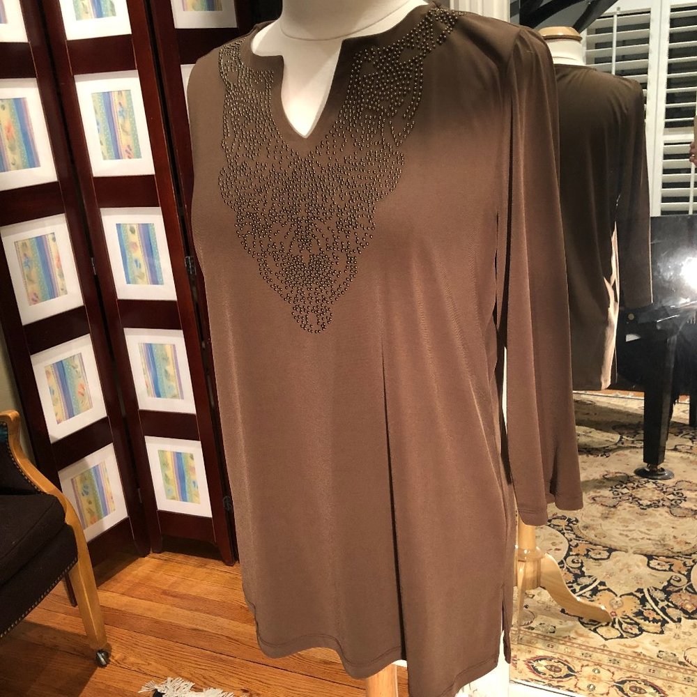 NWT - Susan Graver split v-neck embellished top